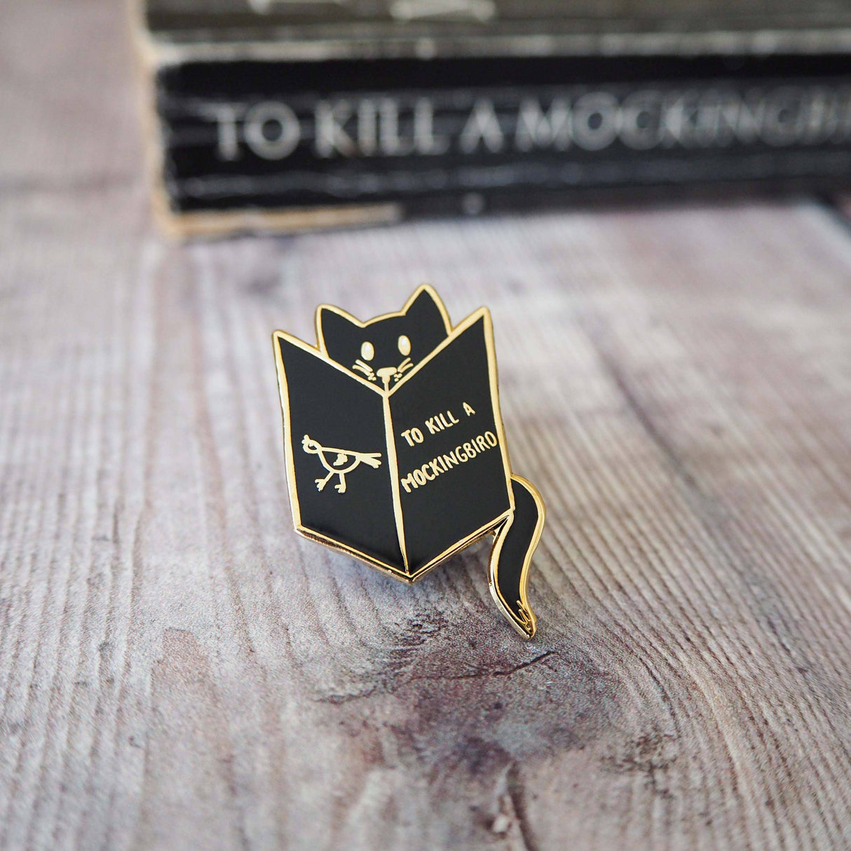 Literary Emporium Reading Cat Mockingbird Book Lover Enamel Pin Badge - Black