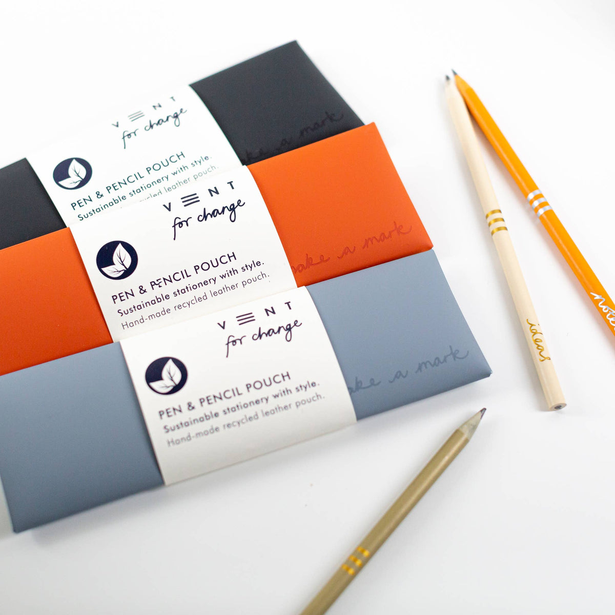 VENT for Change - Recycled Leather Pen & Pencil Case | Handmade - Orange Pouch