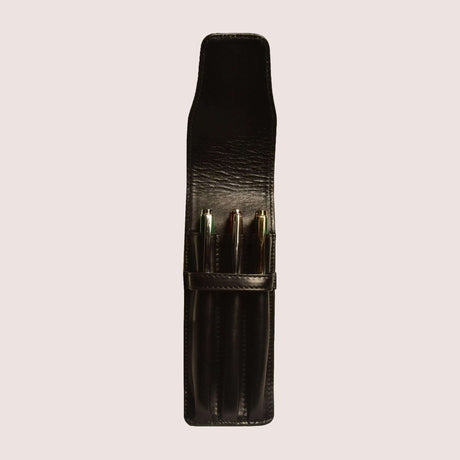 Aston Leather 3 Pen Case - Black