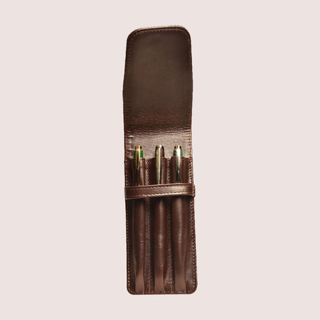 Aston Leather 3 Pen Case - Brown