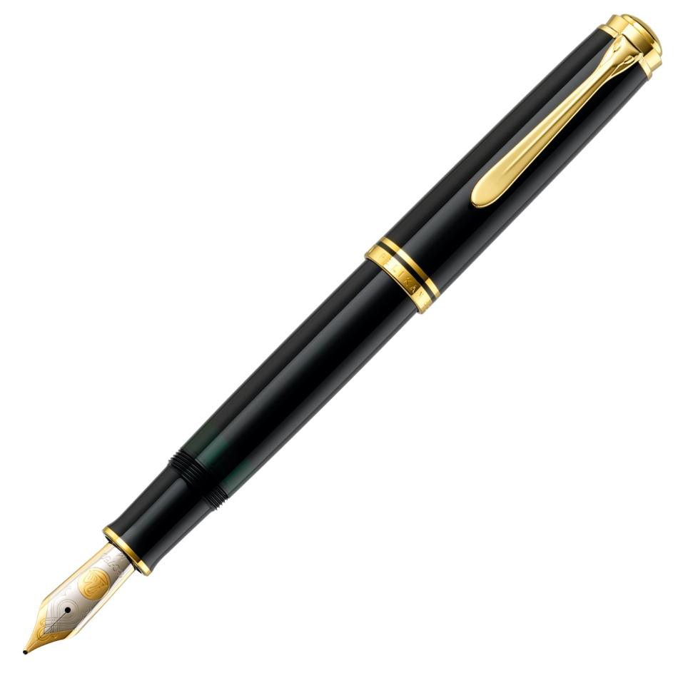 A large black and gold-trimmed striped fountain pen with a broad gold nib.