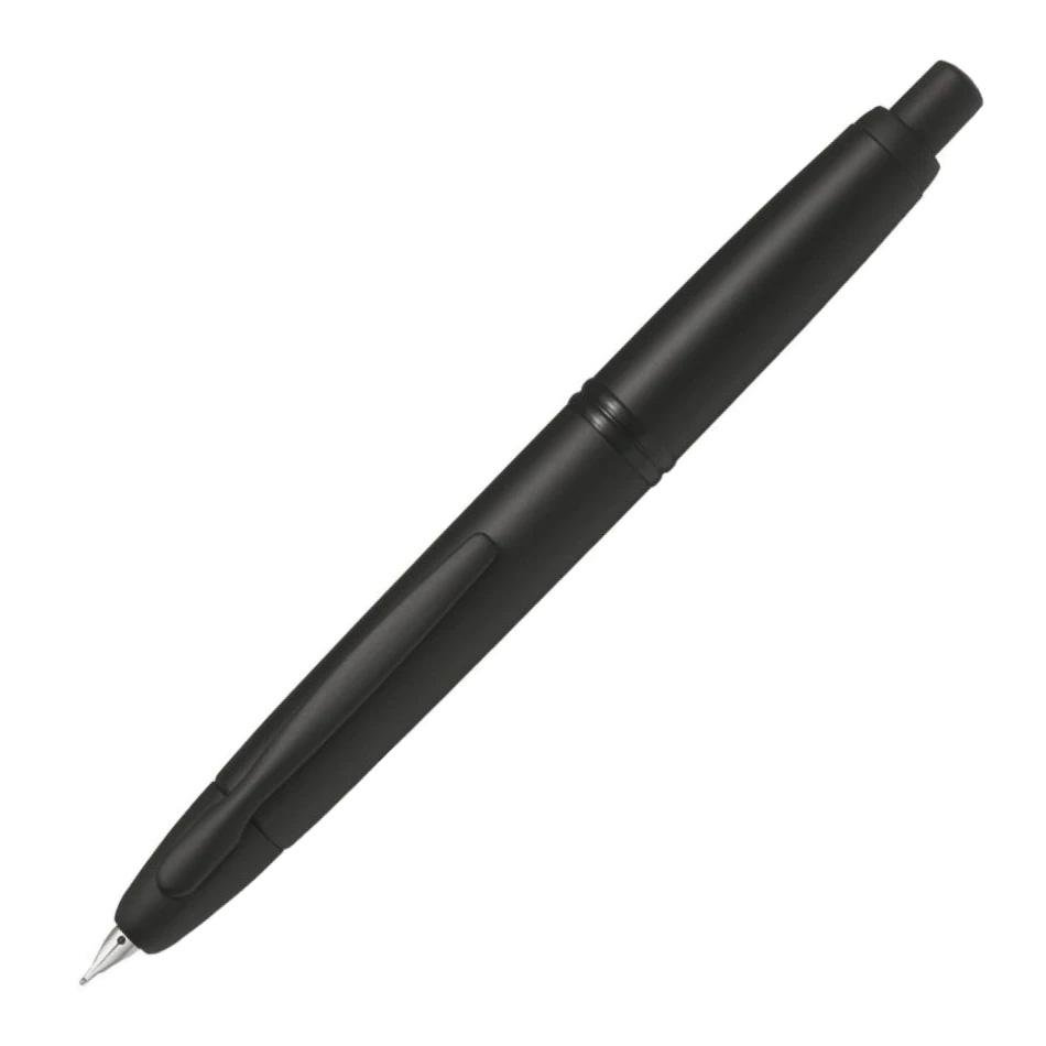 A slim metal fountain pen with a clip and a retractable nib, shown closed.